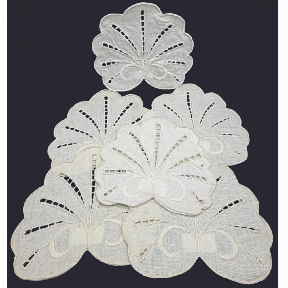 6 Lillian Vintage 100% Linen Shell Fan Form Doily Coasters Cocktail Napkins